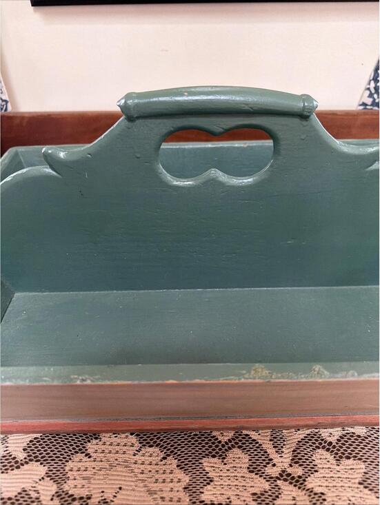 Antique wood cutlery caddy Green Paint utensil carrier Centerpiece Country Farm - Picture 6 of 13